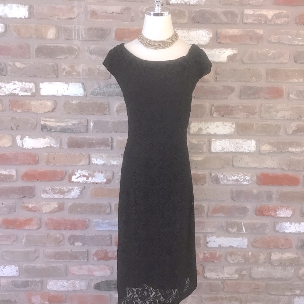 KASPER Women’s Black Floral Lace Stretch Midi Sheath Dress 16